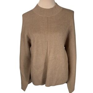 Cache Ribbed Knit Mock Neck Button Sleeve Pullover‎ Sweater Caramel Small Chic